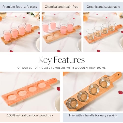 Image of Nestasia Set of 4 Glass Tumblers with Natural Bamboo Serving Tray | Ideal for Espresso, Juice, Small Cocktails, Shots & Gifting