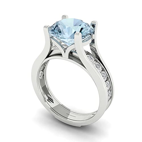 3.39 ct Round Cut Natural Aquamarine 14k White Gold Solitaire with Accents Wedding Bridal Engagement Promise Ring Band Set2