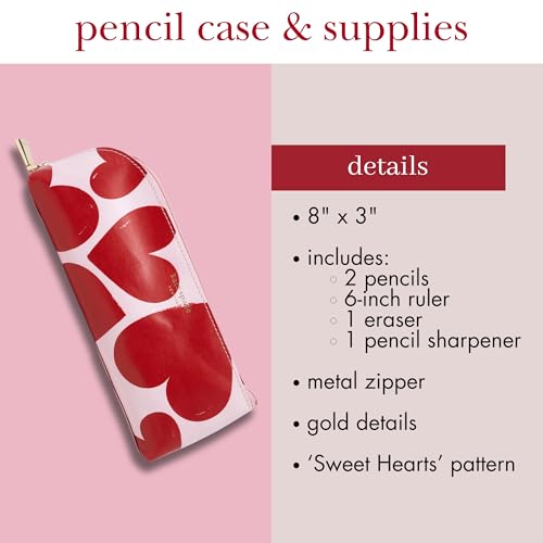 Image of kate spade new york Pen and Pencil Case with Office Supplies, Zip Pouch Includes 2 Pencils, Sharpener, Eraser, and Ruler, Sweet Hearts