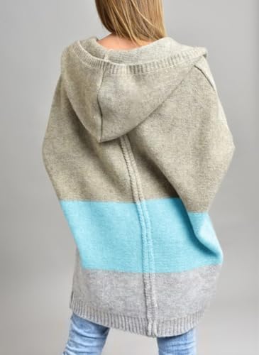 Image of Women's Oversized Hooded Cardigan Color Block Open Front Sweater Chunky Knit Long Coatigan Coat