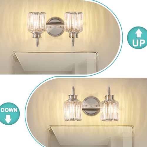 Image of Brushed Nickel Bathroom Light Fixtures with K9 Crystal Lampshade Bathroom Lighting Over Mirror Vanity Lights for Living Room,Bedroom,Restroom,Hallway 2 Lights