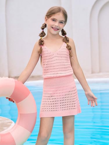 Image of Haloumoning Girls Sleeveless Crochet Swimsuit Cover Up Kids Summer Hollow Out Knitted Beach Dress 7-14 Years