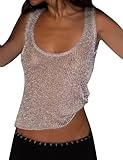 AIHUKOCY Women Sexy Fishnet Knit Glittering Scoop Neck Crop Tank Going Out Top Sheer Mesh Solid Slim Cropped Vest Cami Tops Silver