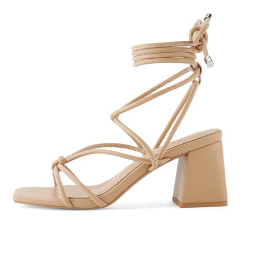 Image of Shoe'N Tale Lace Up Heels for Women Ankle Strappy Gladiator High Heeled Sandals Chunky Block Heel Square Open Toe Criss Cross Dress Shoes