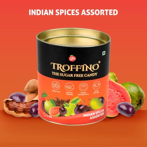 Image of TROFFINO SUGAR FREE Indian Spices Mixed Candy Jar (50 Candies) - Kala Khatta, Kachi Kairi, Tamarind, Guava, Amla - Pack of 1