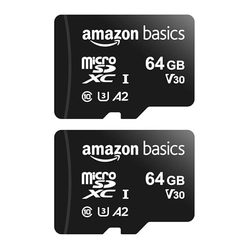 Amazon Basics microSDXC Memory Card with Full Size Adapter, A2, U3, Read Speed up to 100 MB/s, 64GB, Black (2pack)