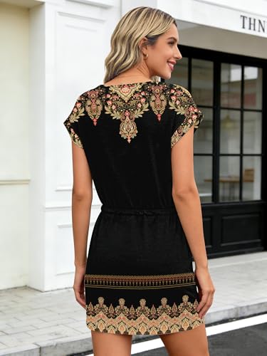Image of SAUKOLE Women Summer T Shirt Dress Casual Short Sleeve V Neck Dress with Pockets Drawstring Waist Short Dresses
