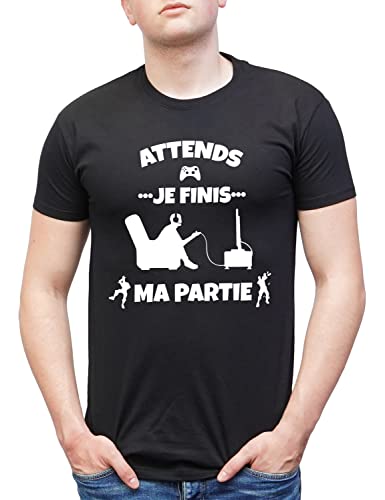 Tee Shirt Humour Geek Attends Je Finis ma Partie pour Homme, Ado et garçon T-Shirt Manches Courtes Noir Taille L Cover