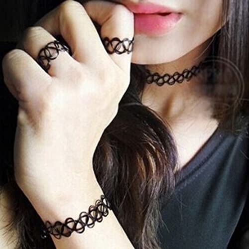 Juego de gargantilla de tatuaje, Elástica Estirar Collar + Pulsera + Anillo, Tattoo Choker Elástico, Cadenas elásticas de gargantilla en juego, Talla única gracias a la elasticidad