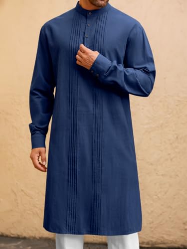 Image of Runcati Mens Kaftan Robe Button Down Long Sleeve Cotton Linen Thobe Casual Muslim Gown Henley Shirt