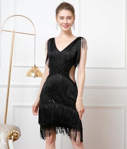Image of Women Flapper Dresses 1920s V Neck Beaded Fringed Great Gatsby Club & Night Out Dresses