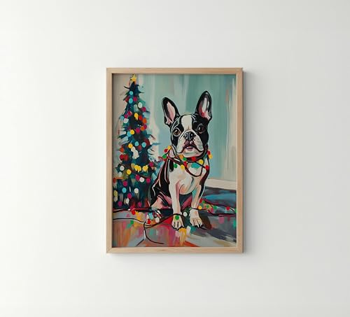 Image of aj decor Boston Terrier Christmas Wall Art Print Poster, Dog Pet Lover Picture Painting Artwork Bedroom Living Room Office Dining Room 150D (Boston Terrier Christmas, 11 inch W x 14 inch L, Wood Frame)