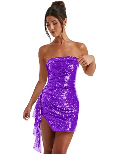 Sparkly Sequin Homecoming Dresses for Teens Short Strapless Tight Mini Ruffle Cocktail Party Dress