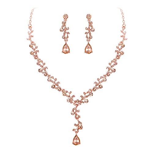 Clearine Matrimonio Sposa Foglia Goccia Cristalli Collana Orecchini Set Gioielli Filigrana Champagne Colore Rosa Oro-Fondo