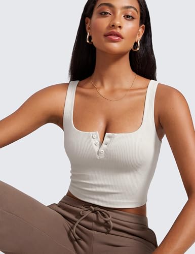Image of CRZ YOGA Ribbed Henley Crop Tank Tops | Medium Support, Removable Pads, Casual, Square Back, Wide Straps, Longline Sports Bras for Women