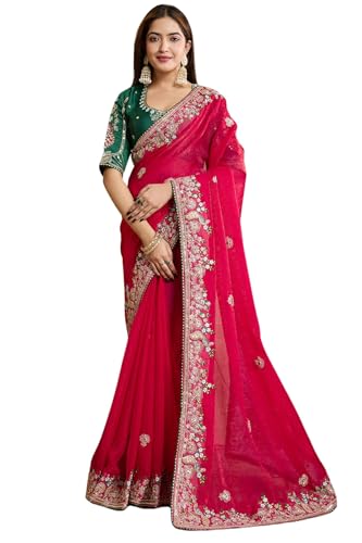 Image of SGF11 Women's Fendy Chiffon Silk Embroidery Work Saree With Blouse Piece