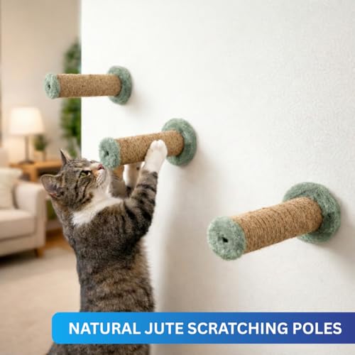 Image of Wall-Mounted Cat Scratching Poles, Natural Jute, Blue Plush Ends, Space-Saving Design (10X5 INCH) (FURR-155) (Green)