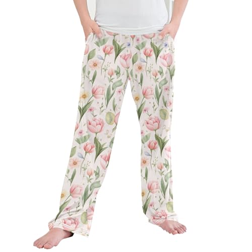 Floral Garden Flower Butterfly Long Pajama Pants Elastic Waist PJ Bottoms with Pockets S A110192