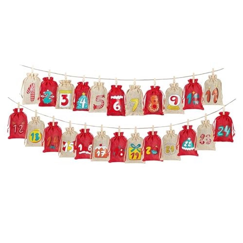 Fancyes 24 peças de sacos de calendário de advento de Natal com clipes de madeira, suprimentos para festas, lembrancinhas, sacos de presente, bolsa de estopa, Vermelho E Linho