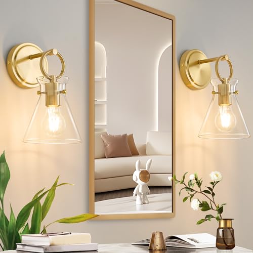Image of Gold Wall Sconces Set of 2 Vanity Light Fixture for Bathroom | Wall Mount Lighting Lamp, Farmhouse Wall Lights 6'' Clear Glass Shade, Hardwired for Bedroom Living Room Mirror
