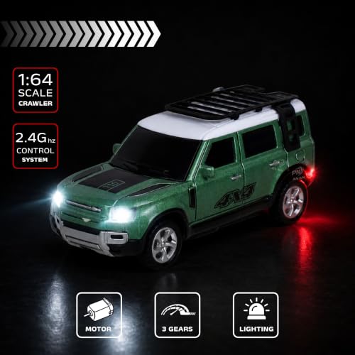 Image of 1:64 Scale RC 4x4 SUV Alloy Die-Cast Remote Control Car - 2.4GHz Rechargeable Off-Road Crawler with LED Lights | Roof Rack Spare Tire for Kids 6+ Years (Green)