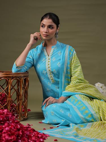 Image of INDO ERA Women Cotton Printed Straight Kurta Palazzos With Dupatta Set