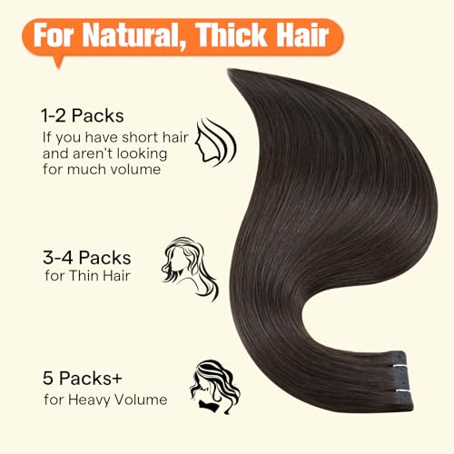 Image of Full Shine Holed Tape in Extensions, Darkest Brown 12 Inch | 30g 20 PCS, Invisible Tape Ins Human Hair Extensions, Remy Human Hair, Flat Fit, Easy Care, Casual Styling, Soft Movement
