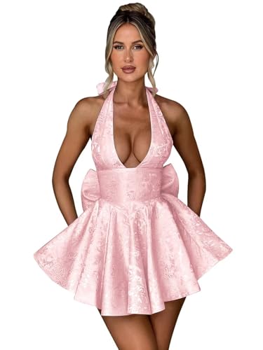 Halter Satin Homecoming Dresses for Teens Jacquard A-Line Short Prom Dress Backless Cocktail Formal Gowns with Bow