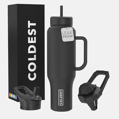 Coldest Tumbler with Handle and Straw - 100% Leak Proof Insulated Tumbler with Lid and Straw (3 Lids) - Stainless Steel Tumblers for Women & Men - Cup Holder Friendly Base, 46 oz (Stealth Black)