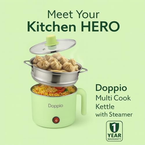 Image of Doppio Electric Multi Cook Kettle with Steamer, 1.5L Stainless Steel Inner Pot, 600W Portable Mini Cooker for Maggi, Eggs, Soup & Boiling, Compact Kitchen Appliance (Green)