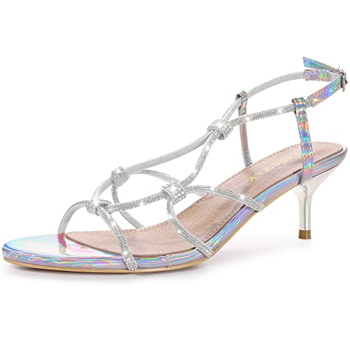 Allegra K Women's Rhinestone Strappy Slingback Kitten Heel Sandals