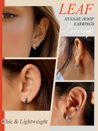 FaithHeart Leaf Huggie Hoop Earrings for Women, Sterling Silver/Stainless Steel Lightweight Hoop Earrings Hypoallergenic Small Huggie Hoops Jewelry Gifts3