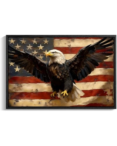 Image of American Flag Framed Canvas Wall Art, 4th of July Red White Blue Canvas Prints, USA Flag with Bald Eagle Patriotic Decorations, Vintage Independence Day Wall Decor for Bedroom Living Room 20x24