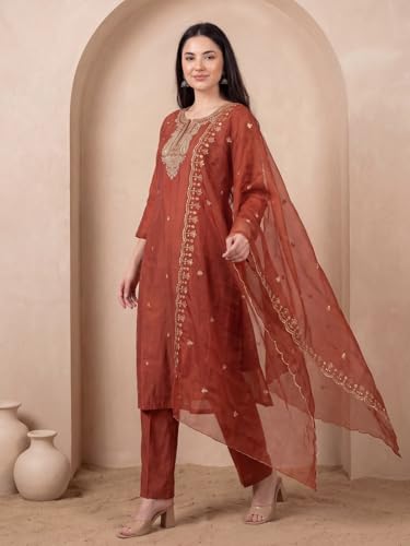 Image of INDO ERA Women's Silk Blend Paisley Embroidered Zari Work Kurta & Pant with Dupatta Set (IEBBAI389)
