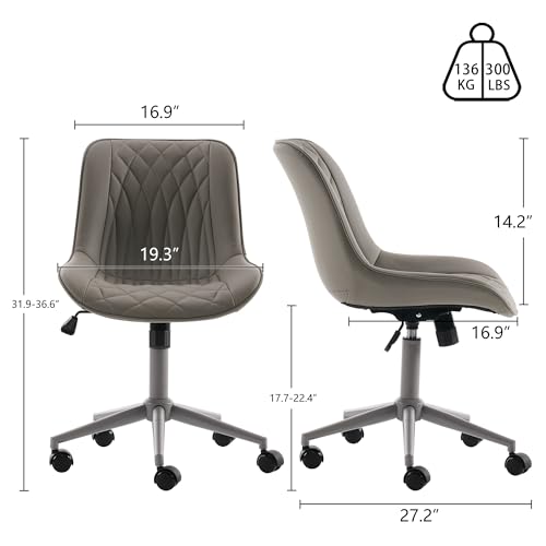 Image of YOUNIKE Faux Leather Office Desk Chair Comfy Vanity Chair Armless Grey | Ergonomic Upholstered Rocking Back, Swivel with Wheels, Height Adjustable, Modern Task Chair For Computer Sewing Drafting