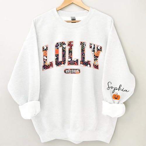 Personalized Grandma Retro Halloween Sweatshirt with Grandkids Name on Sleeve, Cute Ghost Mama Hoodie2