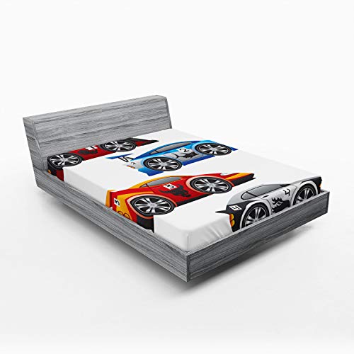 Ambesonne Cars 2 Pack Fitted Sheet, Formula Cars Technology, Bed Cover All-Round Elastic Deep Pockets 2 Pieces, Package Contains 2 Full Size Fitted Sheets, Vermilion Grey