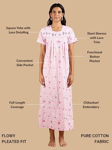 Image of 9shines Label Stylish Chikankari Cotton Nighty Maxi for Women | Full Length Nightgown | Nightdress with Pocket | Embroidery Nighty | Soft Comfortable Cotton Nightwear (1545)