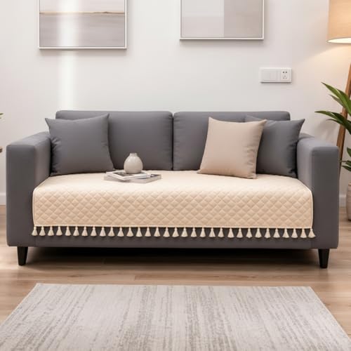 Image of HOMEMONDE 2 Seater Quilted Velvet Sofa Cover with Tassels |Soft, Durable & Premium Fabric with Tassels | Sofa Cover Mats for Living Room, Bedroom, Drawing Room & Office (76 X 122 CM, Beige)