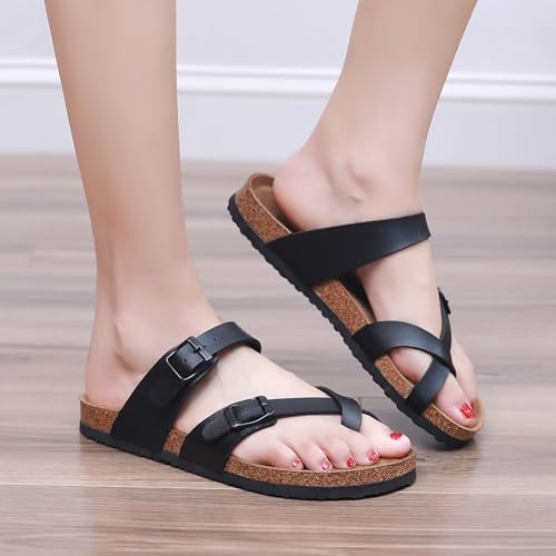 Image of Sandals Women Wide Width, Cork Footbed Arch Support Summer Beach Slide Sandals, Adjustable Strap for Wide Feet