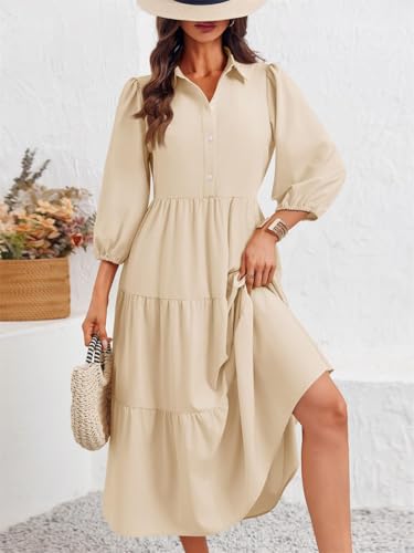 Image of Wenrine Womens Casual 3 /4 Sleeve Shirt Dress Button Down V Neck Tiered Collared Flowy Maxi Dress Beige