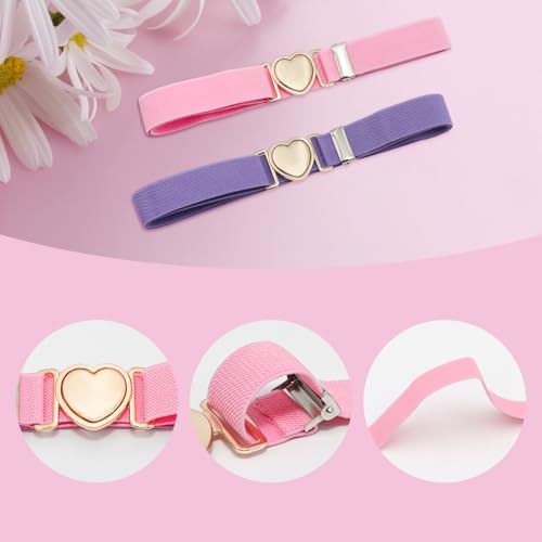 2PCS Girls Belt for Waist, Adjustable Girls Teens Elastic Waist Belts with Heart Metal Buckle for Jeans Dress4