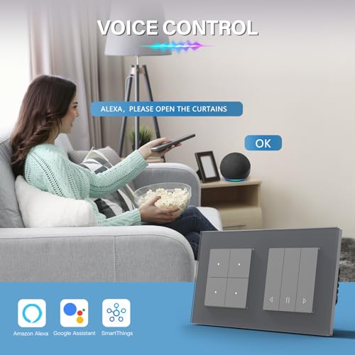 BSEED WIFI 4 Fach 1 Weg Lichtschalter mit Smart Vorhang Schalter Fernbedienung Compatibel mit Google Home und Alexa Neutrale Leitung Ben&ouml;tigt, Grau