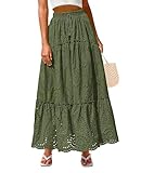 BTFBM Boho Long Skirts for Women Spring Summer 2026 Lace Embroidery High Waist Flowy Tiered Maxi Skirt Beach Vacation(Army Green, Medium)