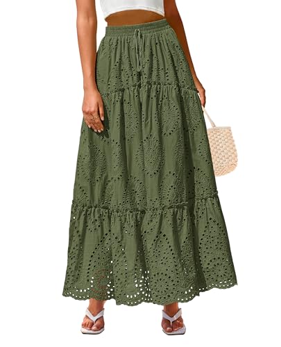 BTFBM Boho Long Skirts for Women Spring Summer 2026 Lace Embroidery High Waist Flowy Tiered Maxi Skirt Beach Vacation(Army Green, Medium)
