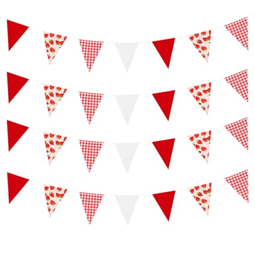 Image of Zwiebeco 39Ft Red White Strawberry Fabric Bunting Banner Triangle Flags Party Decorations Hanging Cotton Garland Pennant for Engagement Wedding Baby Shower Birthday Home Outdoor Garden Party Decor