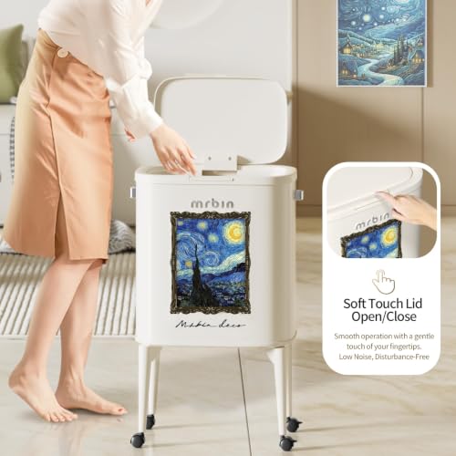 Image of MRBIN Metal Kitchen Trash Can with Wheel Legs, 36L / 9.5gal Medium Press Lid Slim Removable Waste Basket, Pet Proof Tall Narrow Garbage Pail for Vanity, Bedroom, Bathroom, Living Room, Starry Night