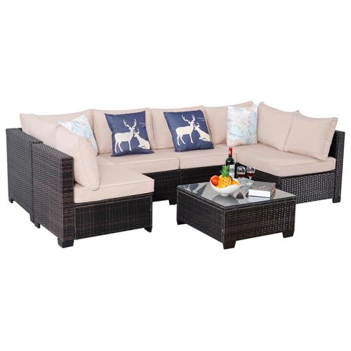 PAIQIAN 7 Piece Sectional Sofa Set Outdoor, Rattan Patio Furniture Set, Outdoor Sectional Furniture, Rattan Chairs Glass Table Wicker Conversation Seating Sectional Sofa with Cushions (Brown Beige)