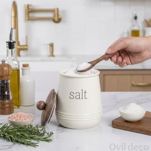 Image of Stylish Airtight Container for Kitchen, Salt Storage,White, Metal with Wooden Lid & Spoon, 1000ml, Canister for Kitchen Counter top | Food-Safe Jar Set (Salt)