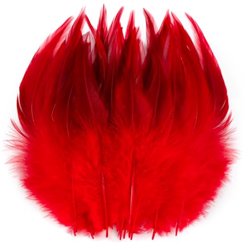 Holmgren Red Craft Rooster Feathers - 200pcs 5-7inch Rooster Feather for Crafting Hats Jewelry Accessories and Wedding Home Party Decorations(Red)